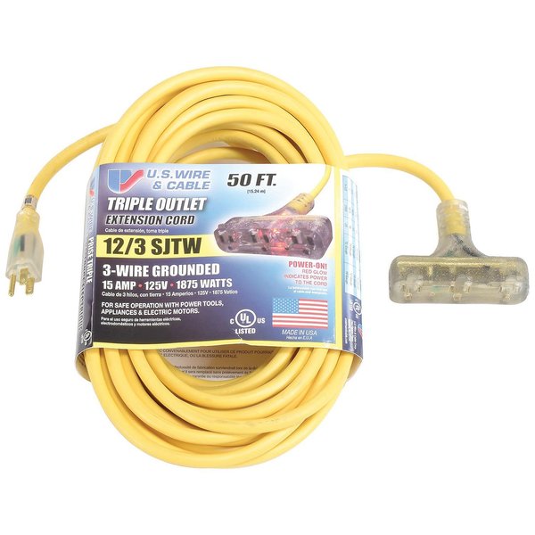 U.S. Wire & Cable 50 Ft. 12/3 SJTW-A Pow-R-Block Extension, Round, Yellow, 300V, Illuminated Plug 76050